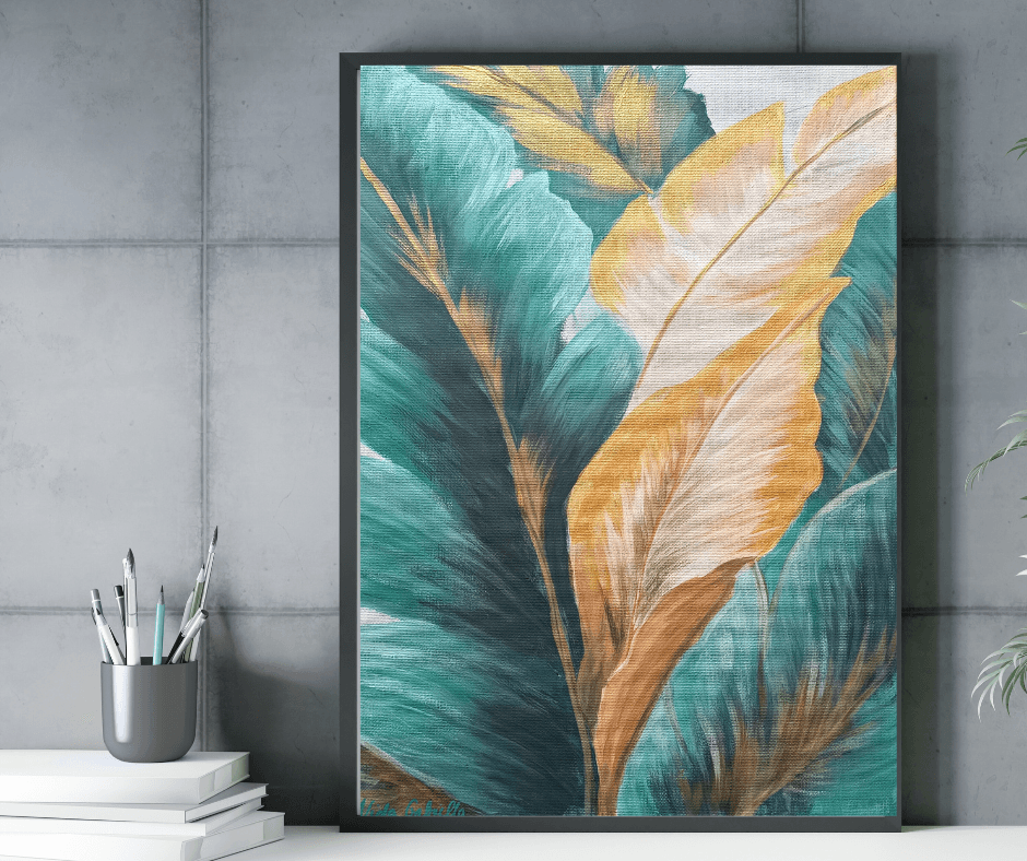 egyedi festmény nappaliba – Gabriella Vida kortárs trópusi festmény La Vida Art & Jewerly